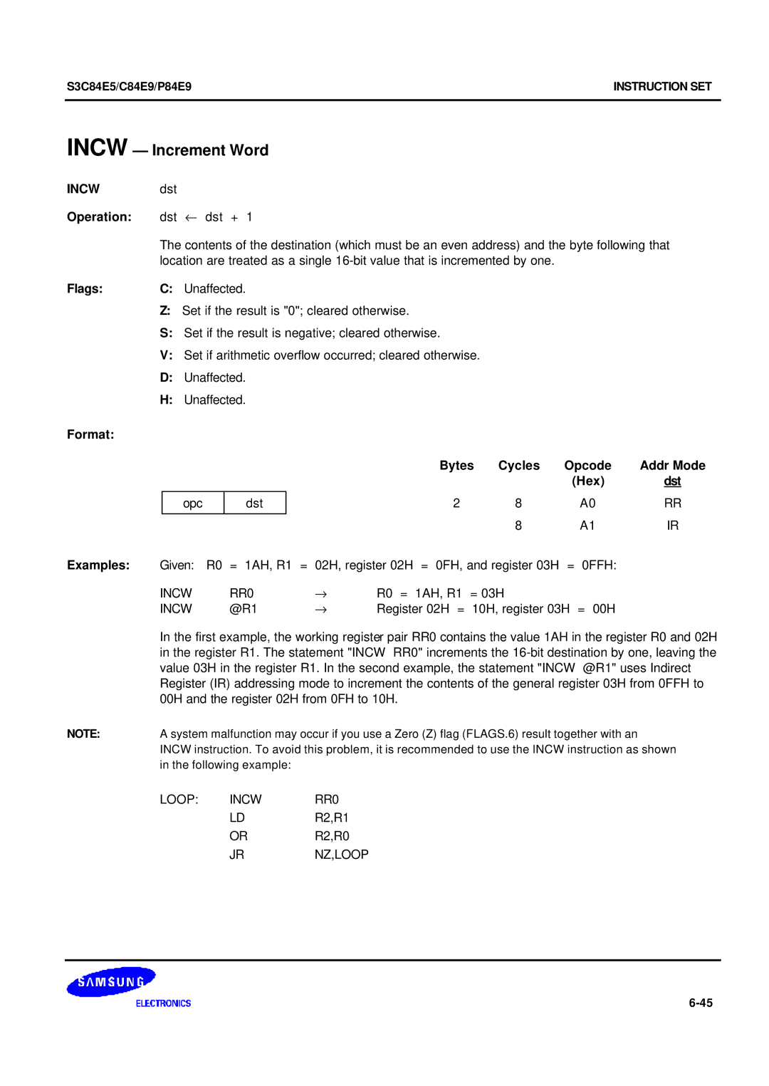 Samsung S3C84E5 user manual Incw Increment Word, Incw dst Operation dst ← dst +, 0FFH Incw RR0, Loop Incw RR0, Nz,Loop 