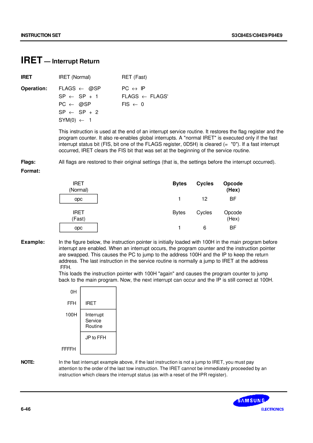 Samsung S3C84E5 user manual Iret Interrupt Return, Flags ← @SP PC ↔ IP, Flags ← Flags, Bytes Cycles Opcode Normal Hex 