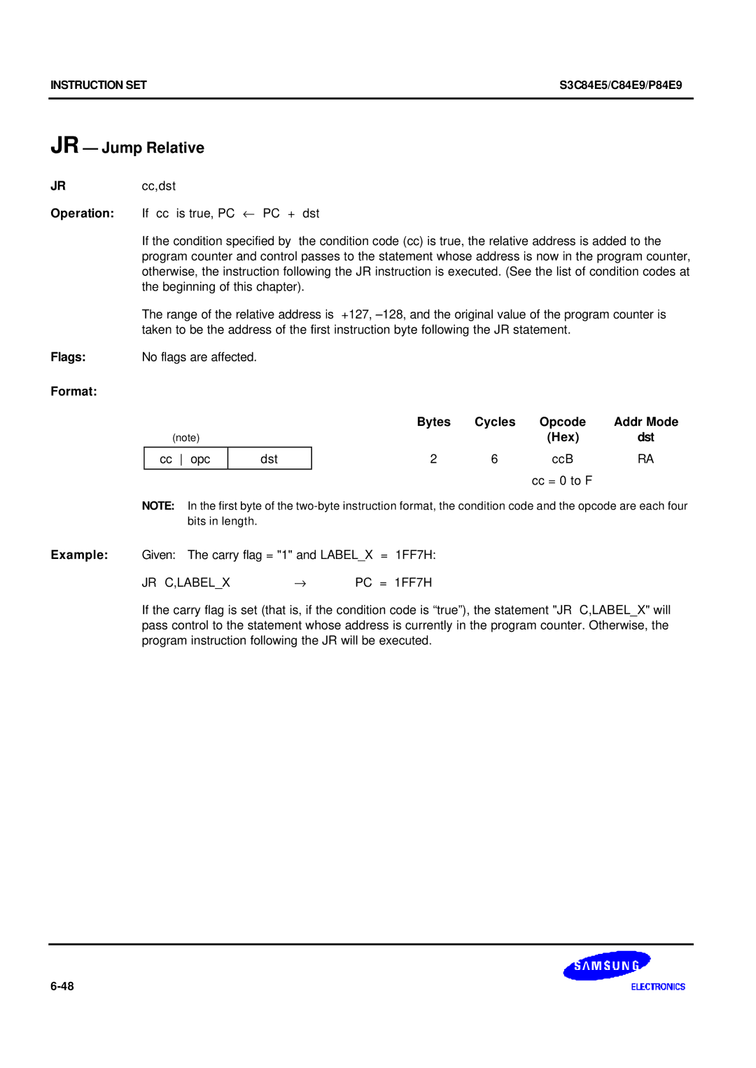 Samsung S3C84E5 user manual JR Jump Relative, Hex Dst CcB Cc = 0 to F, Jr C,Labelx 