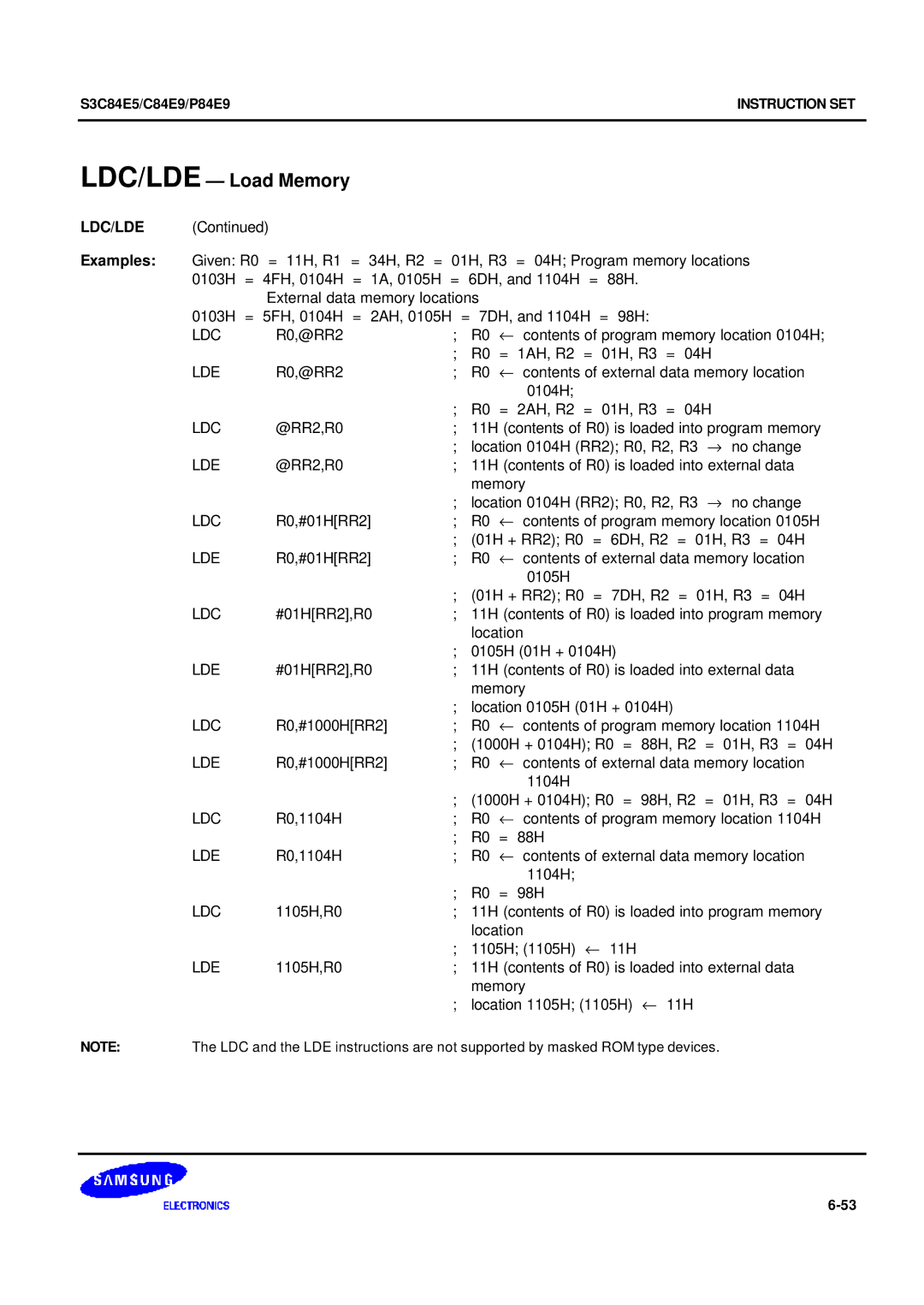 Samsung S3C84E5 user manual Ldc/Lde, R0,1104H ← contents of program memory location 1104H = 88H 