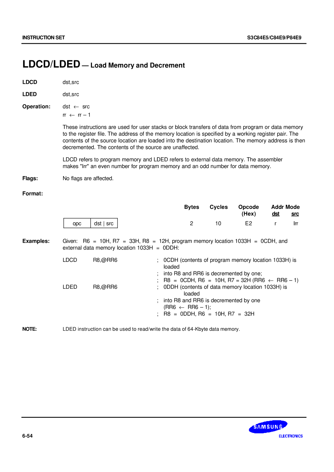 Samsung S3C84E5 user manual LDCD/LDED Load Memory and Decrement, Ldcd dst,src Lded dst,src, Operation dst ← src 