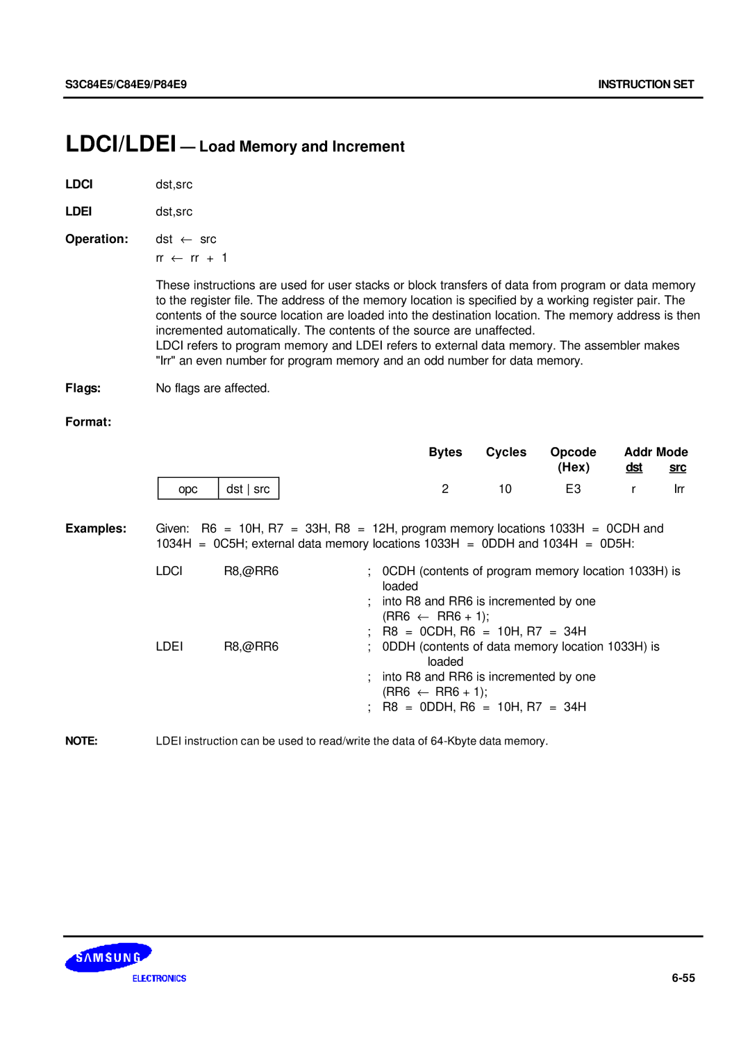 Samsung S3C84E5 user manual LDCI/LDEI Load Memory and Increment, Ldci, Ldei, Rr ← rr + 