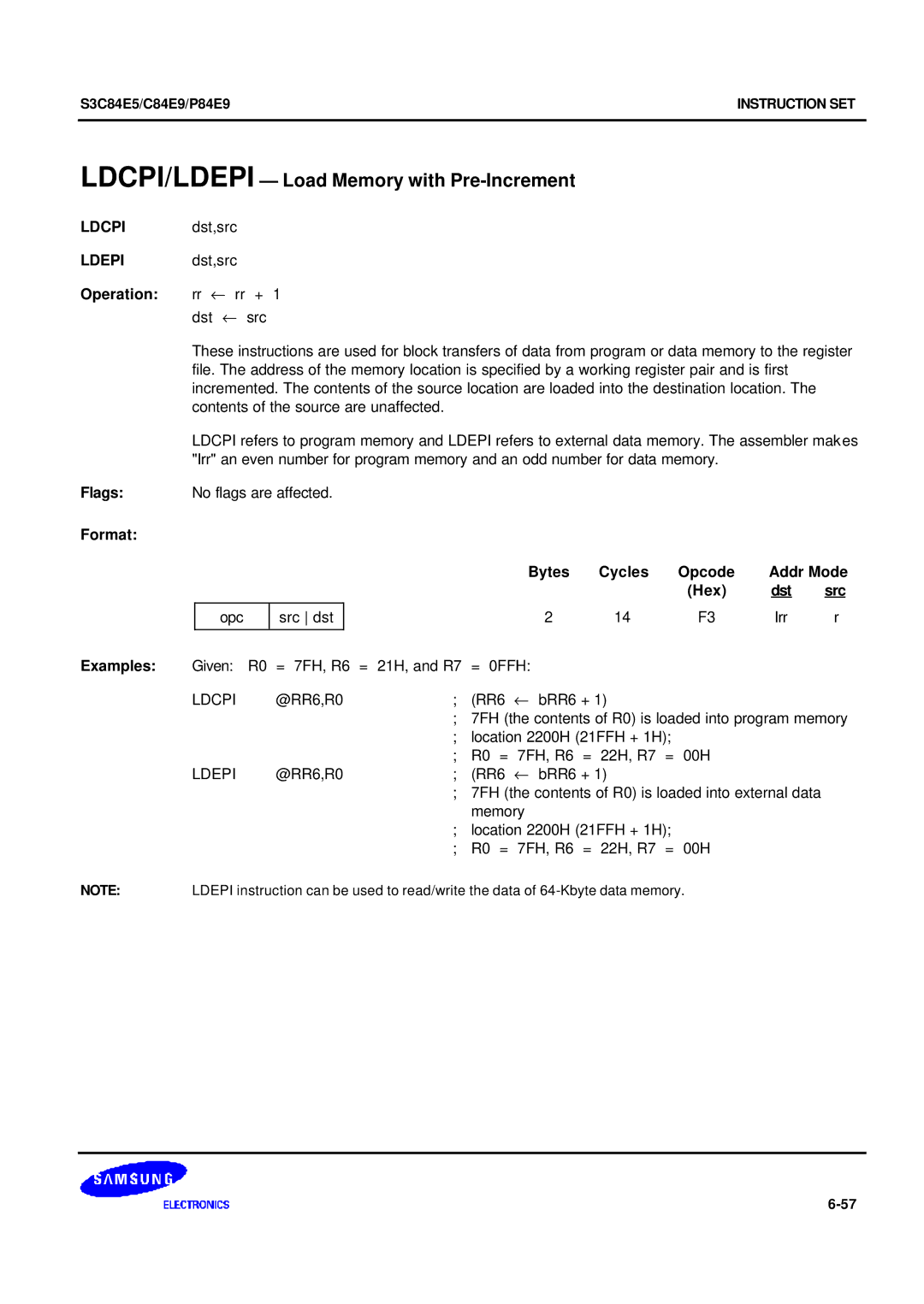 Samsung S3C84E5 user manual LDCPI/LDEPI Load Memory with Pre-Increment, Ldcpi dst,src Ldepi dst,src, Operation rr ← rr + 