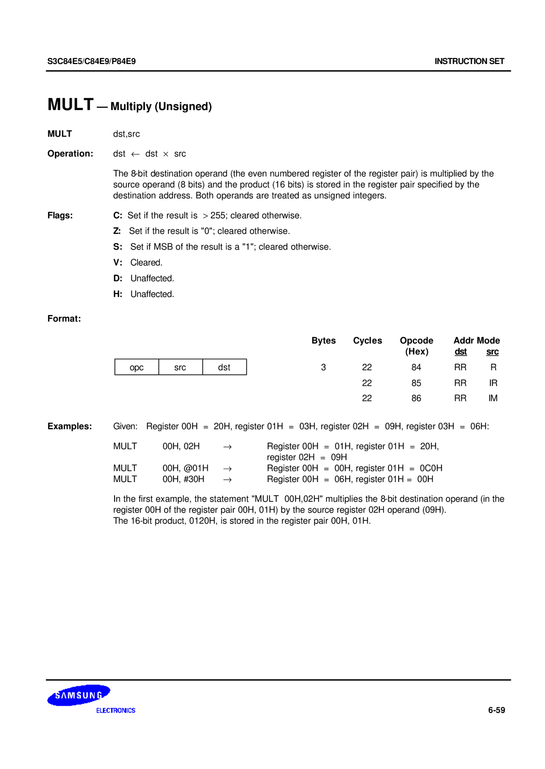 Samsung S3C84E5 user manual Mult Multiply Unsigned, Mult dst,src, Operation dst ← dst × src 