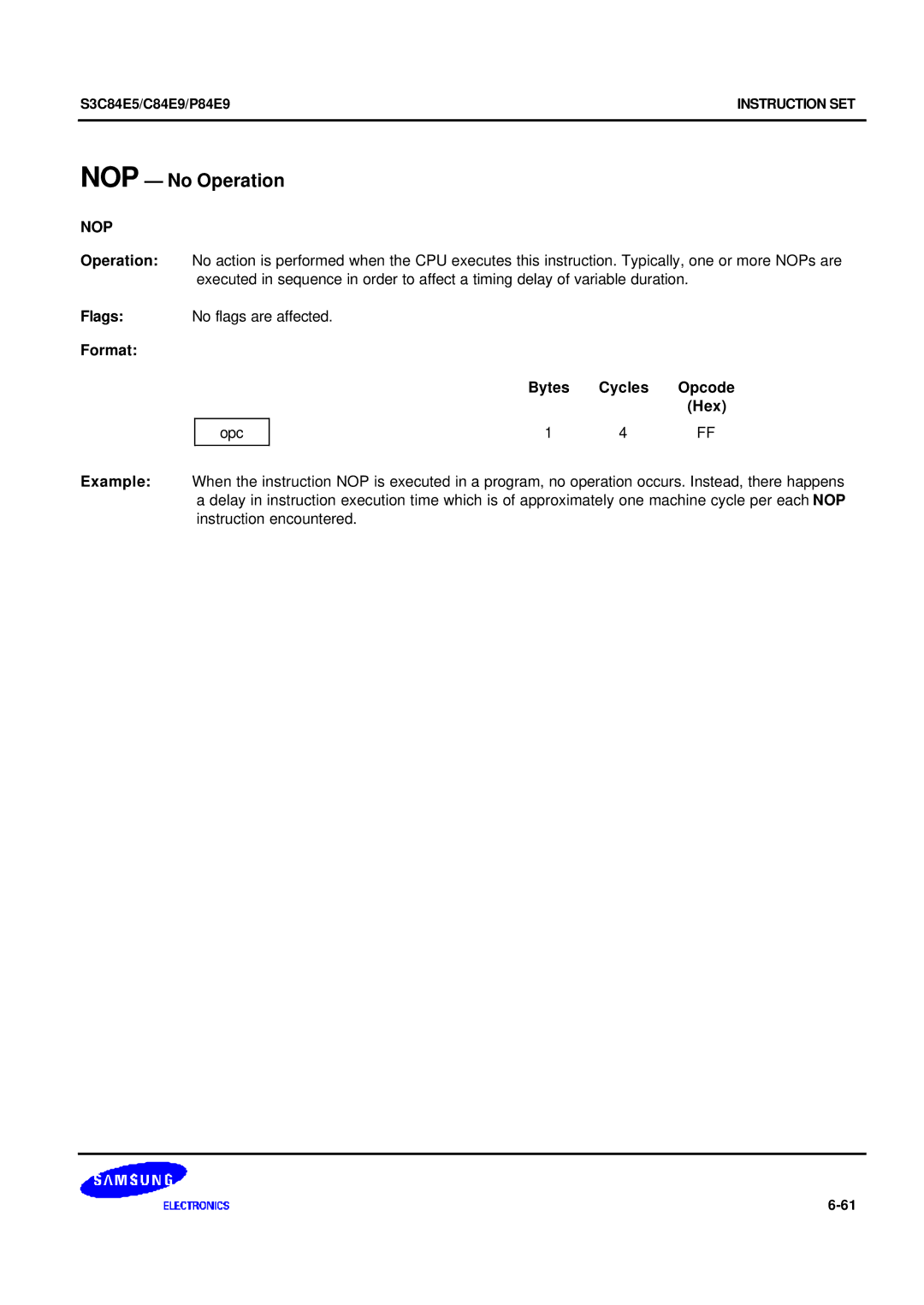 Samsung S3C84E5 user manual NOP No Operation, Nop 