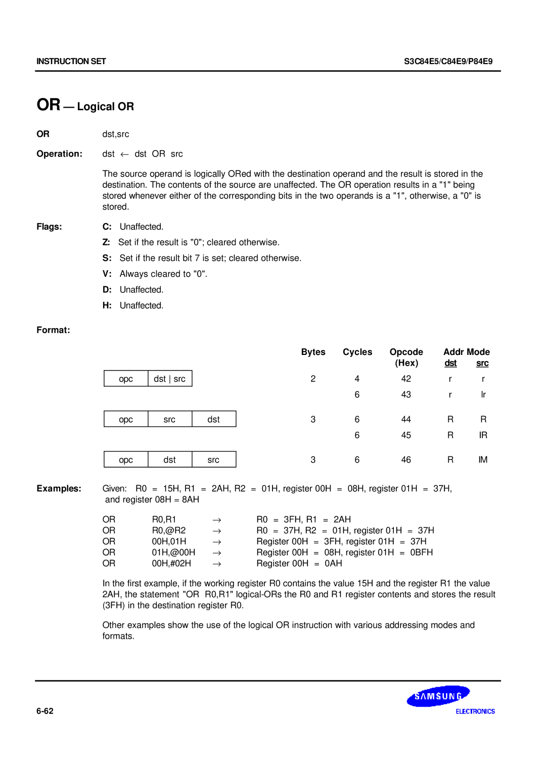 Samsung S3C84E5 user manual Or Logical or, 0BFH, 00H,#02H Register 00H 