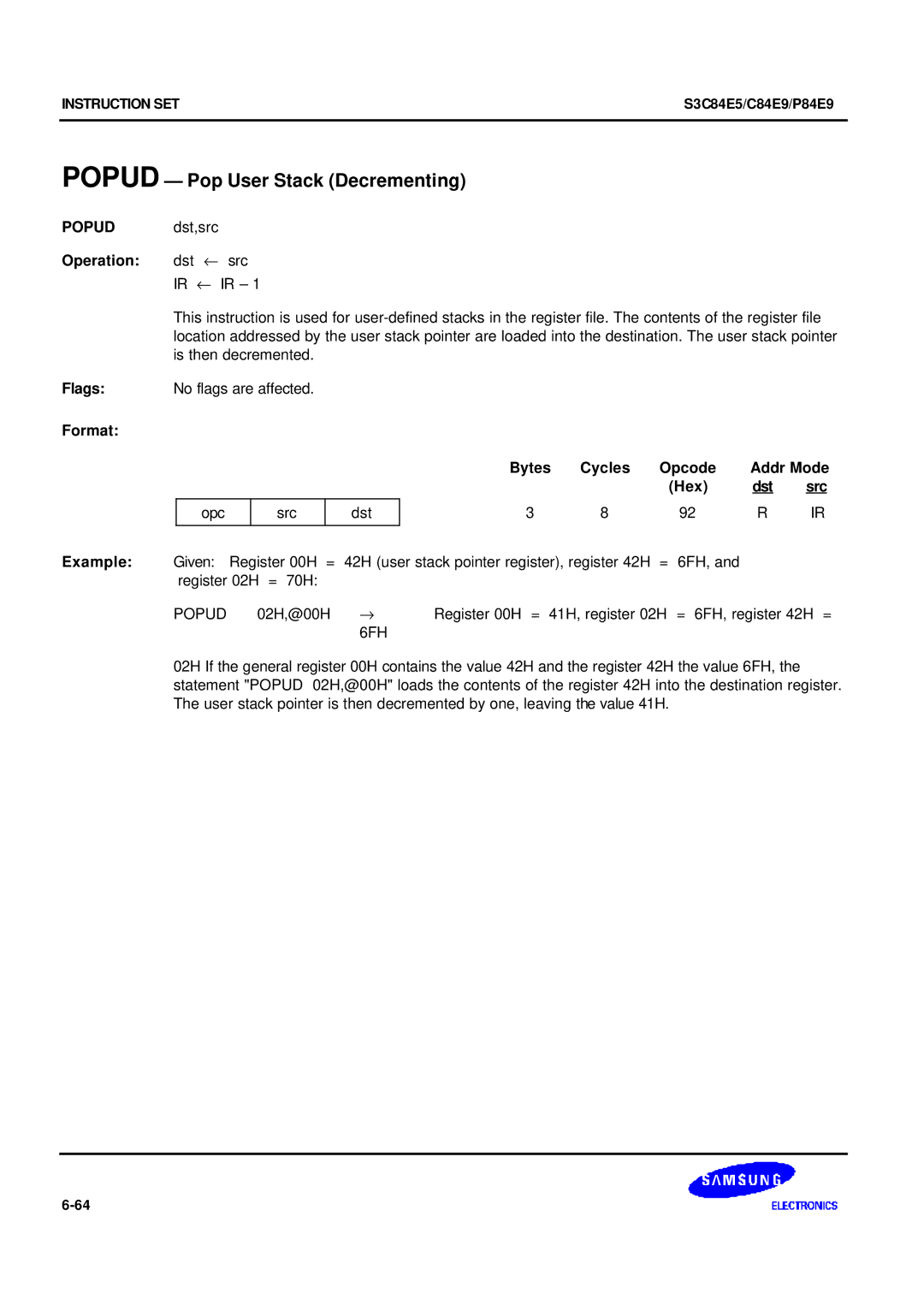 Samsung S3C84E5 user manual Popud Pop User Stack Decrementing, Popud dst,src, 6FH 