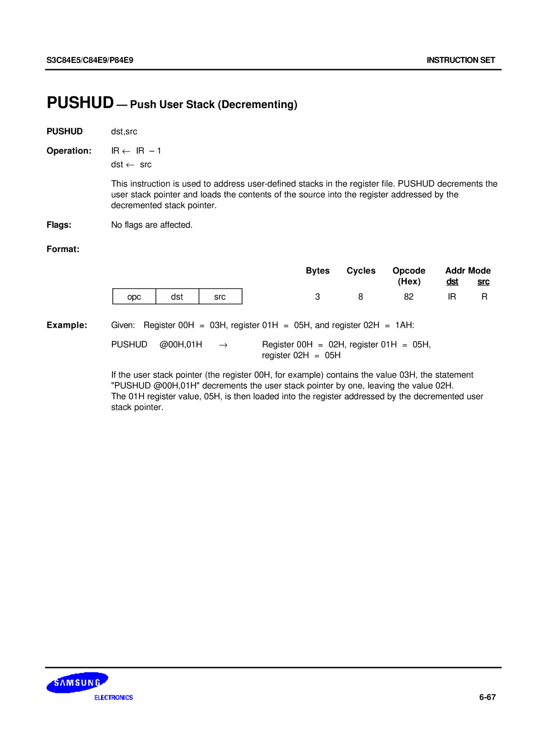 Samsung S3C84E5 user manual Pushud Push User Stack Decrementing, Ir ← Ir, Decremented stack pointer 