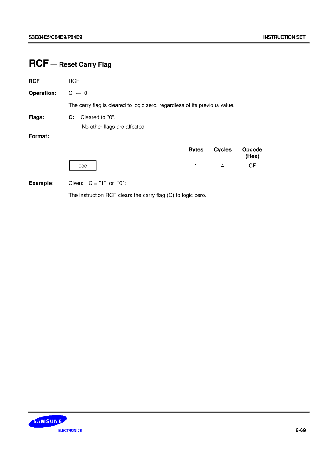 Samsung S3C84E5 user manual RCF Reset Carry Flag, Rcf, Flags Cleared to 