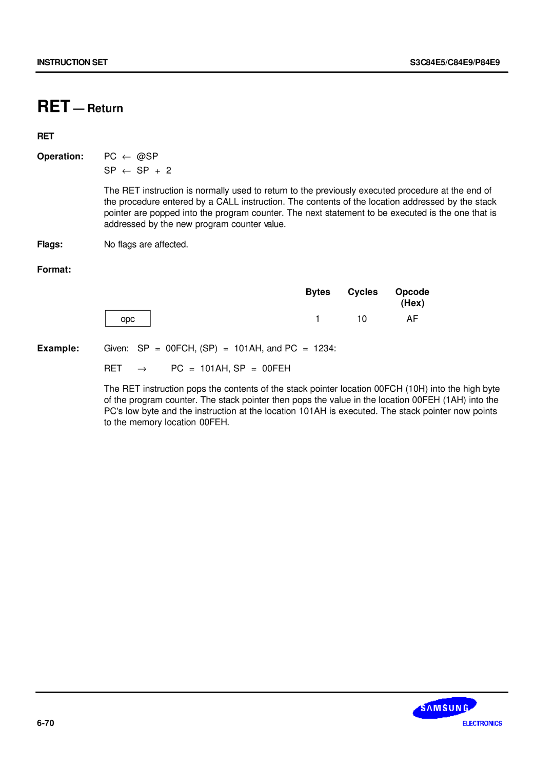 Samsung S3C84E5 user manual RET Return, Operation PC ← @SP, Example Given SP, Ret → 