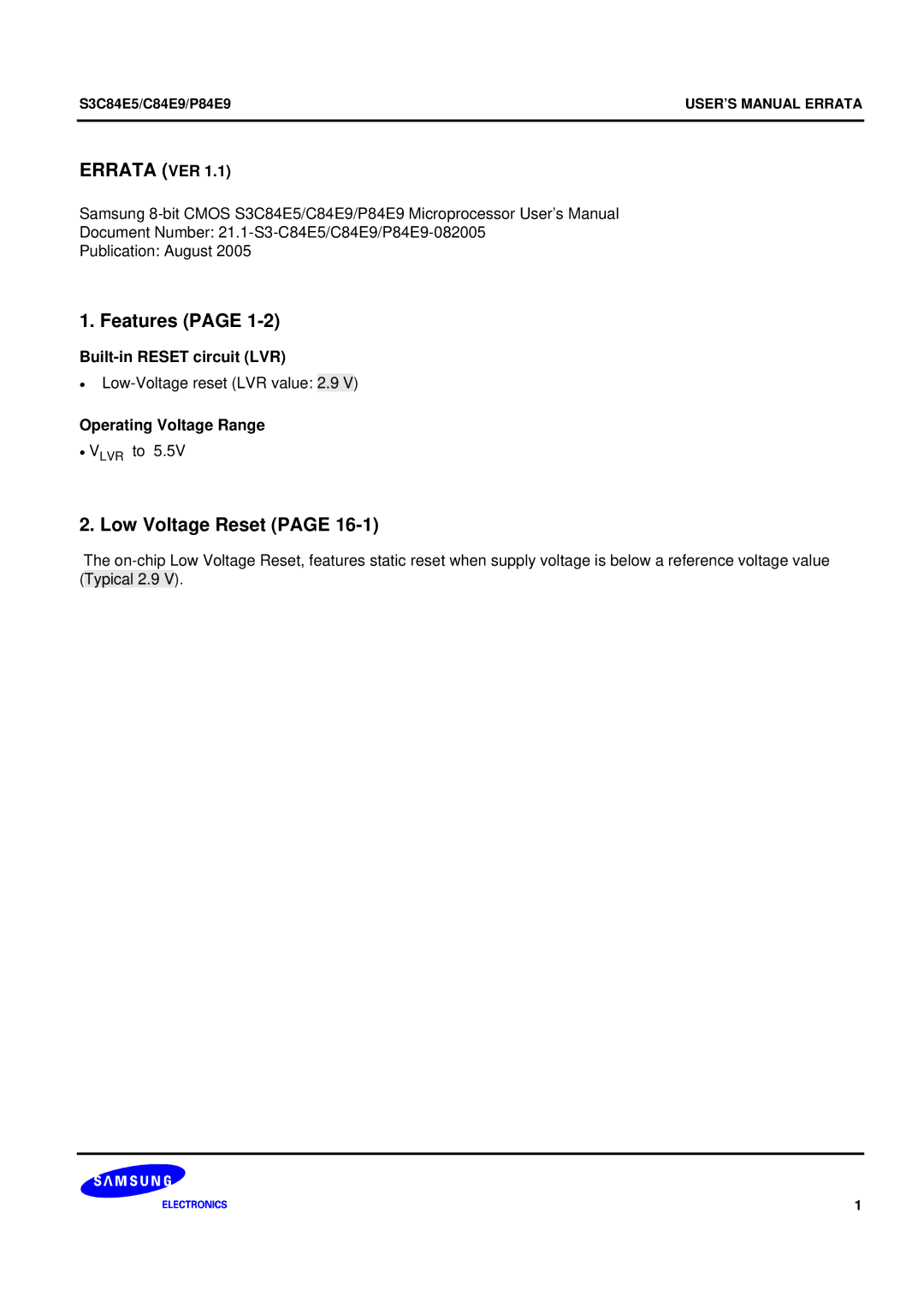 Samsung S3C84E5 user manual Errata VER, Features, Low Voltage Reset, Built-in Reset circuit LVR, Operating Voltage Range 