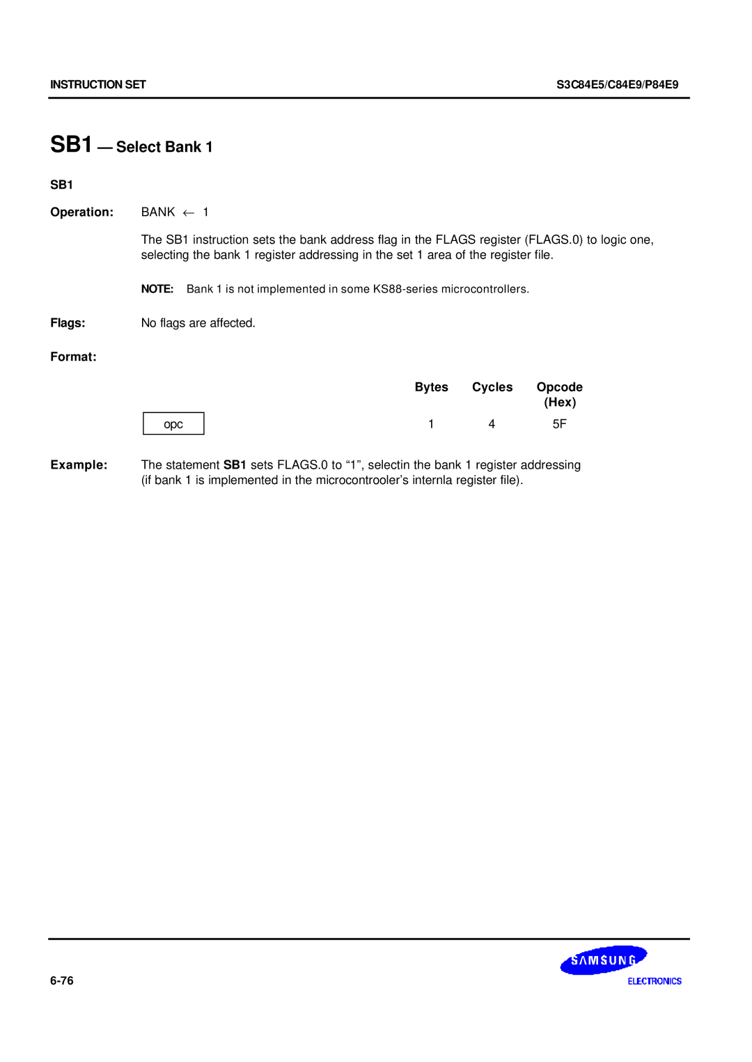 Samsung S3C84E5 user manual SB1 Select Bank 