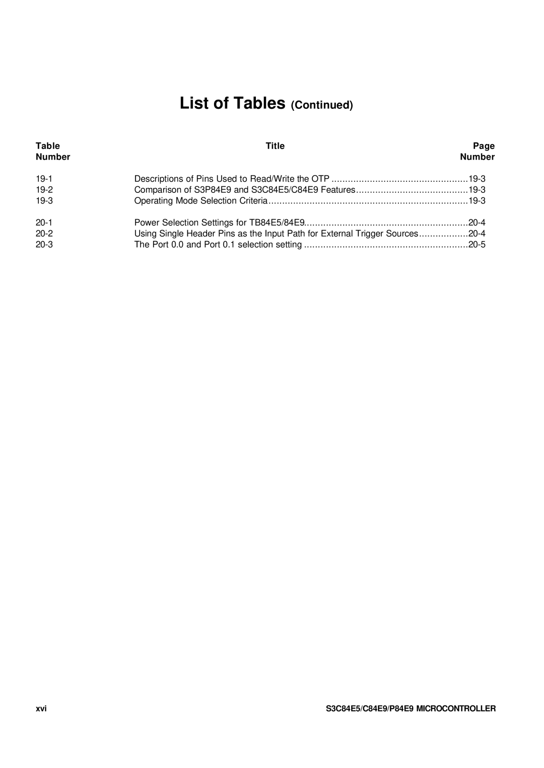 Samsung S3C84E5 user manual 19-3, Xvi 