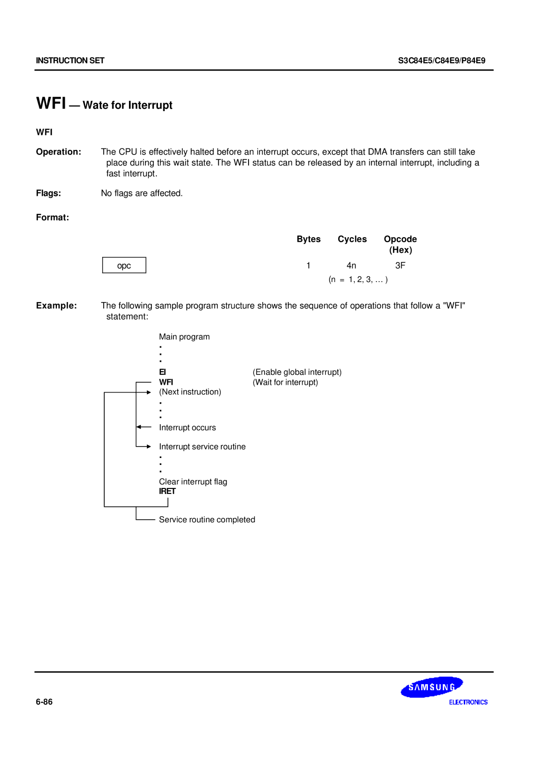 Samsung S3C84E5 user manual WFI Wate for Interrupt, Wfi, Opc 4n3F, Enable global interrupt, Wait for interrupt 