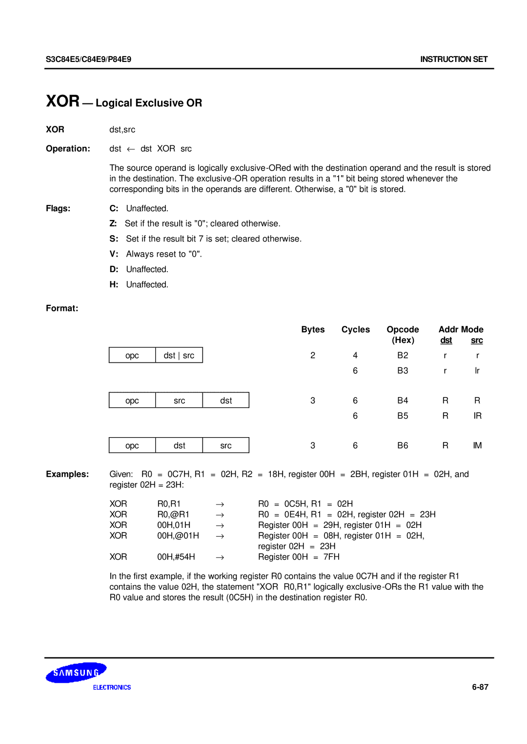 Samsung S3C84E5 user manual XOR Logical Exclusive or, R0,R1 = 0C5H, R1 = 02H, R0,@R1 = 0E4H, R1 = 02H, register 02H = 23H 