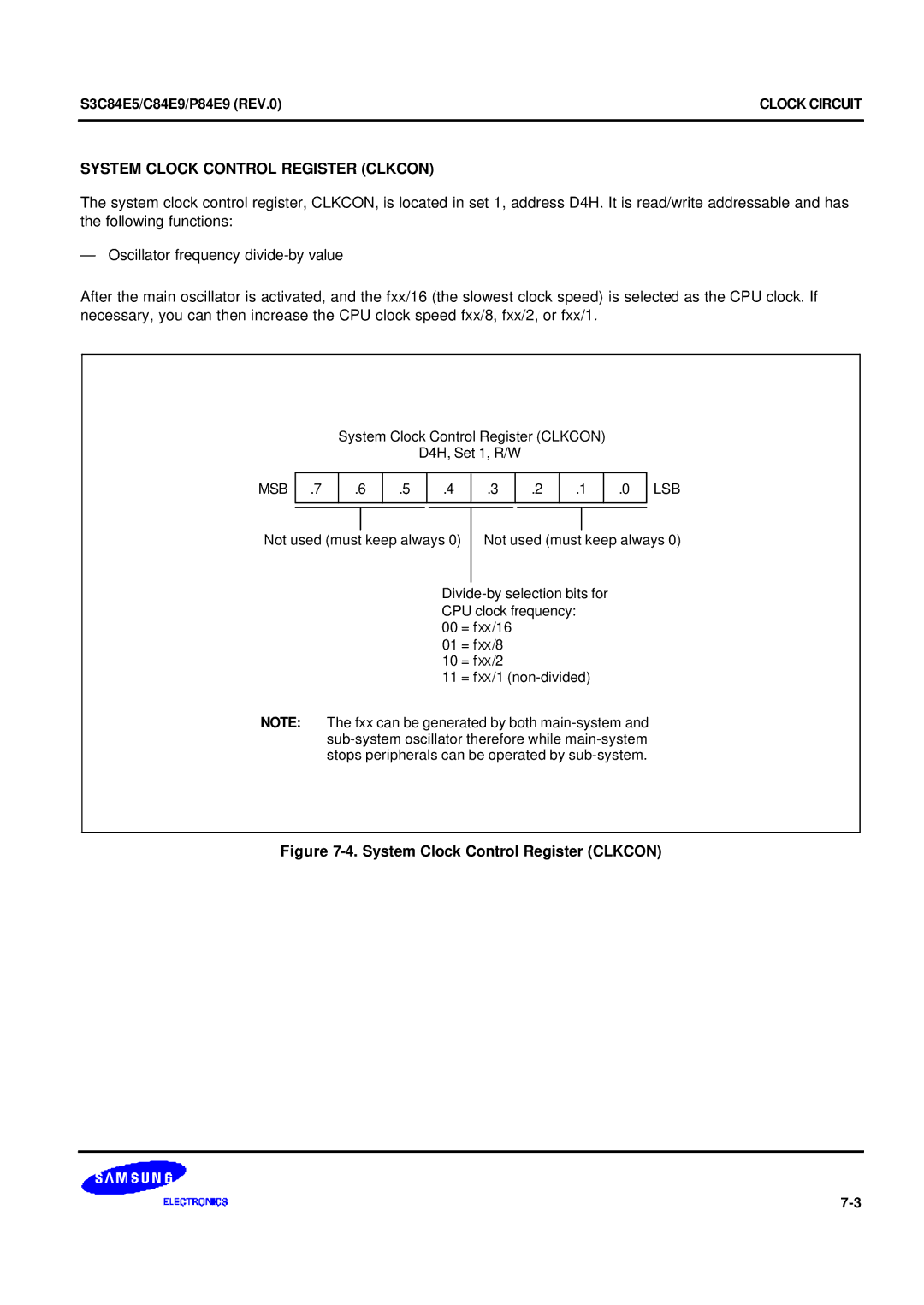 Samsung user manual System Clock Control Register Clkcon, S3C84E5/C84E9/P84E9 REV.0 