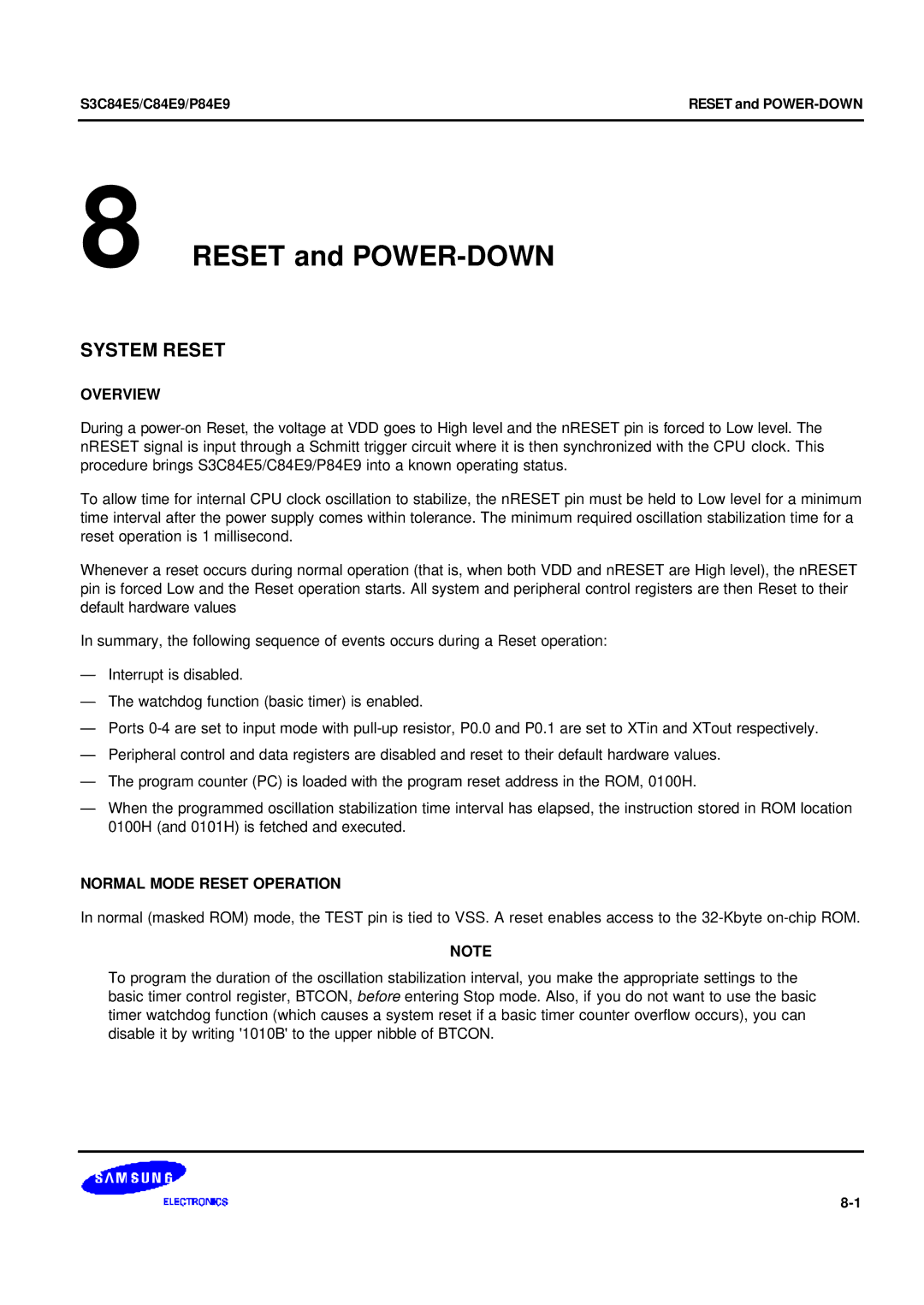 Samsung user manual System Reset, Overview, Normal Mode Reset Operation, S3C84E5/C84E9/P84E9 Reset and POWER-DOWN 