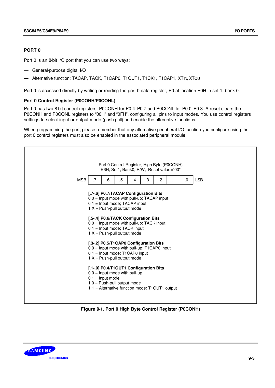 Samsung S3C84E5 user manual Port 0 Control Register P0CONH/P0CONL 