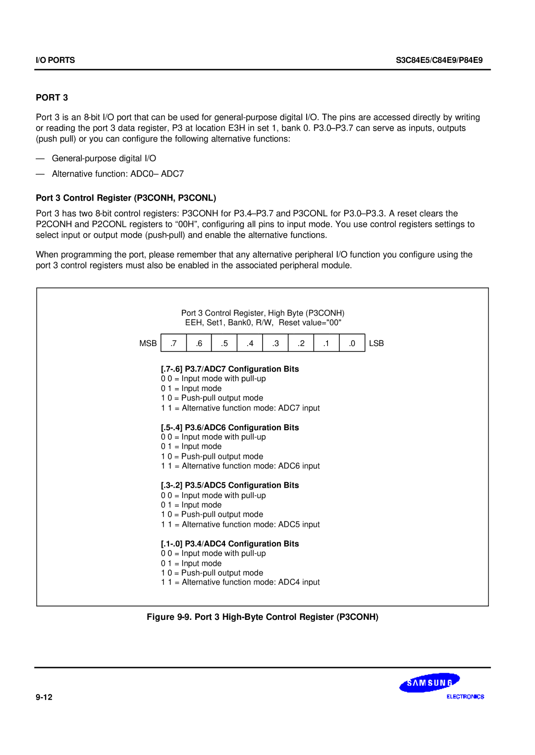 Samsung S3C84E5 Port 3 Control Register P3CONH, P3CONL, P3.7/ADC7 Configuration Bits, P3.6/ADC6 Configuration Bits 