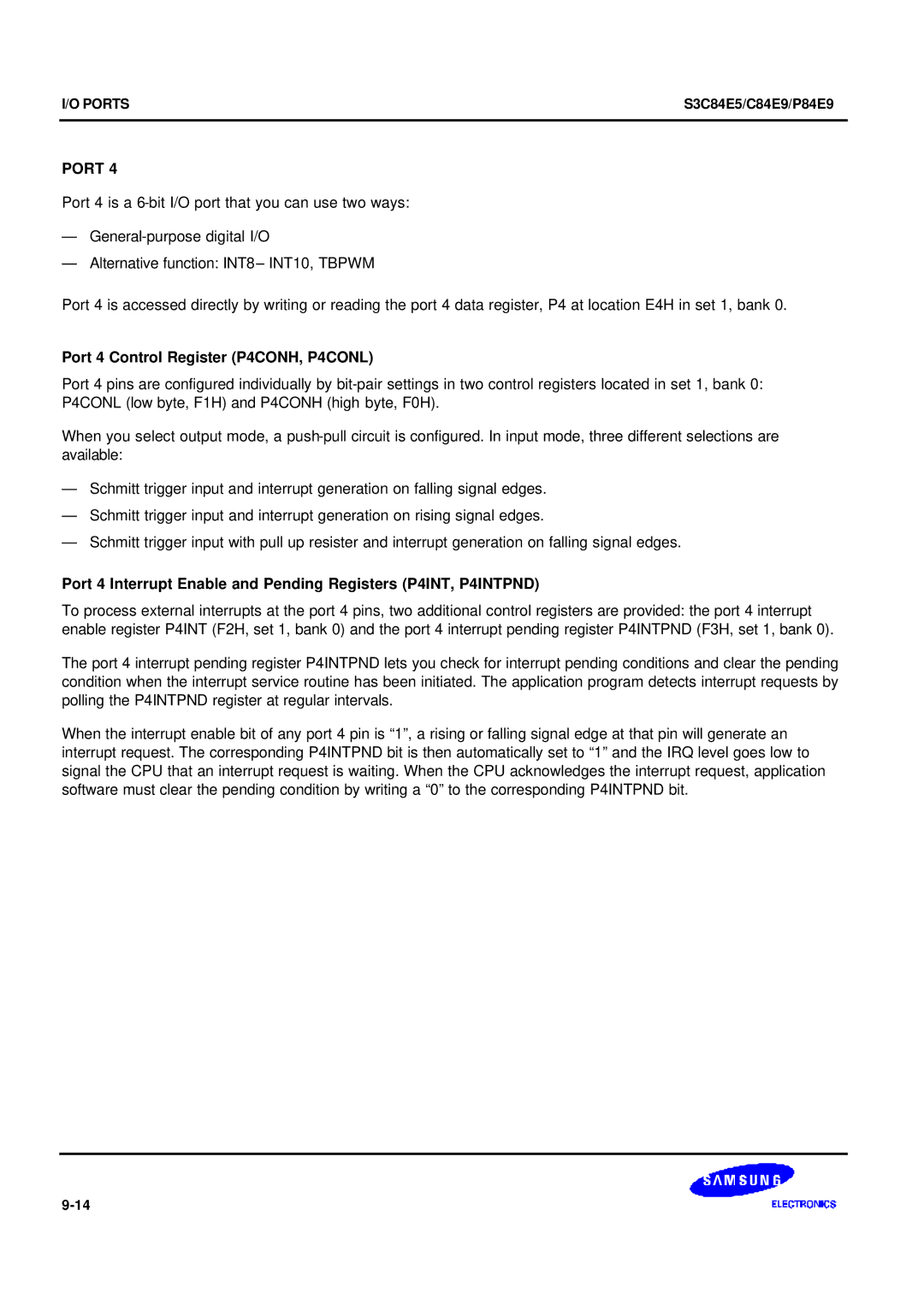 Samsung S3C84E5 user manual Port 4 Control Register P4CONH, P4CONL 