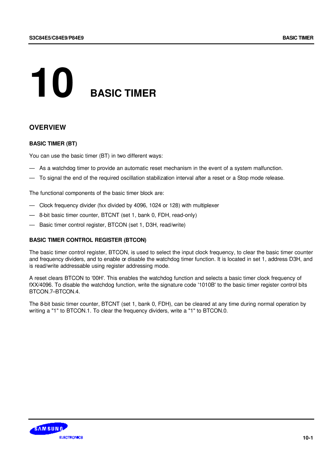 Samsung S3C84E5 user manual Basic Timer BT, Basic Timer Control Register Btcon, 10-1 