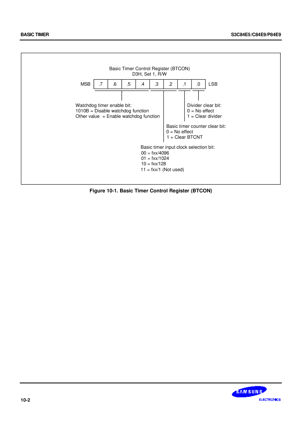 Samsung S3C84E5 user manual Basic Timer Control Register Btcon, 10-2 