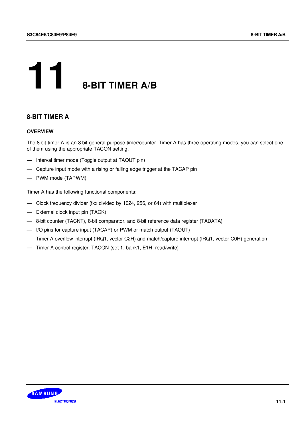 Samsung S3C84E5 user manual 11 8-BIT Timer A/B, BIT Timer a, 11-1 