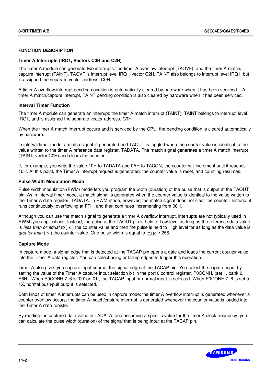 Samsung S3C84E5 Function Description, Timer a Interrupts IRQ1, Vectors C0H and C2H, Interval Timer Function, Capture Mode 