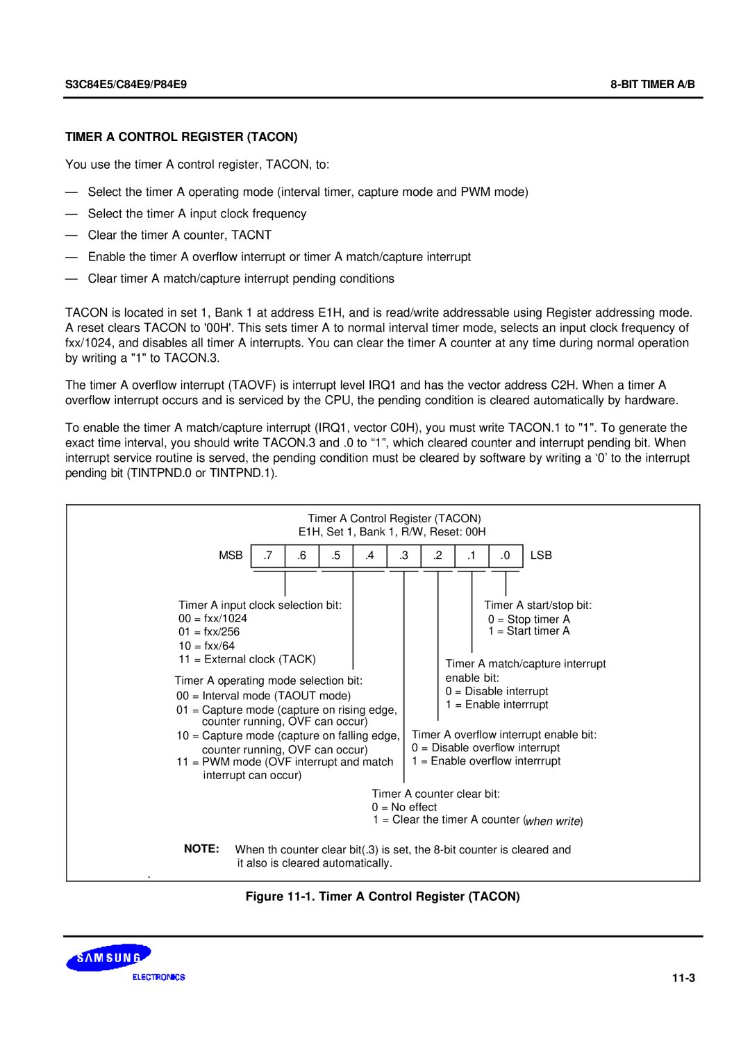 Samsung S3C84E5 user manual Timer a Control Register Tacon, 11-3 