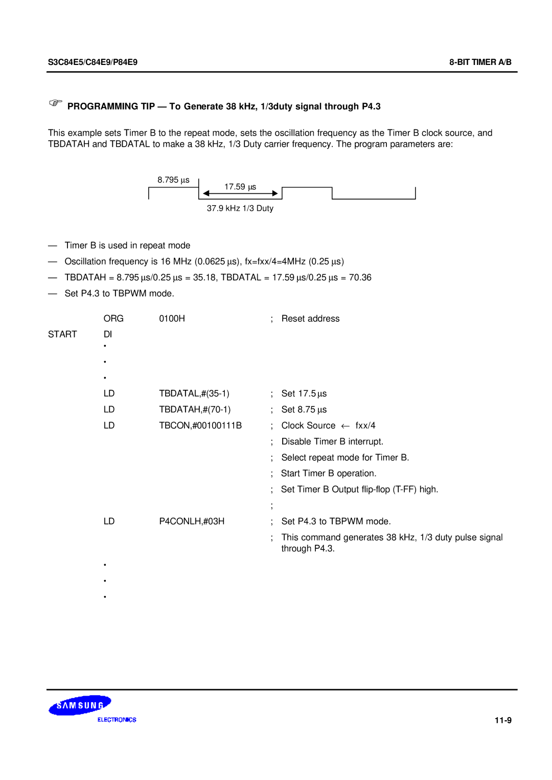 Samsung S3C84E5 user manual Org, 0100H Reset address, Start DI, P4CONLH,#03H, 11-9 