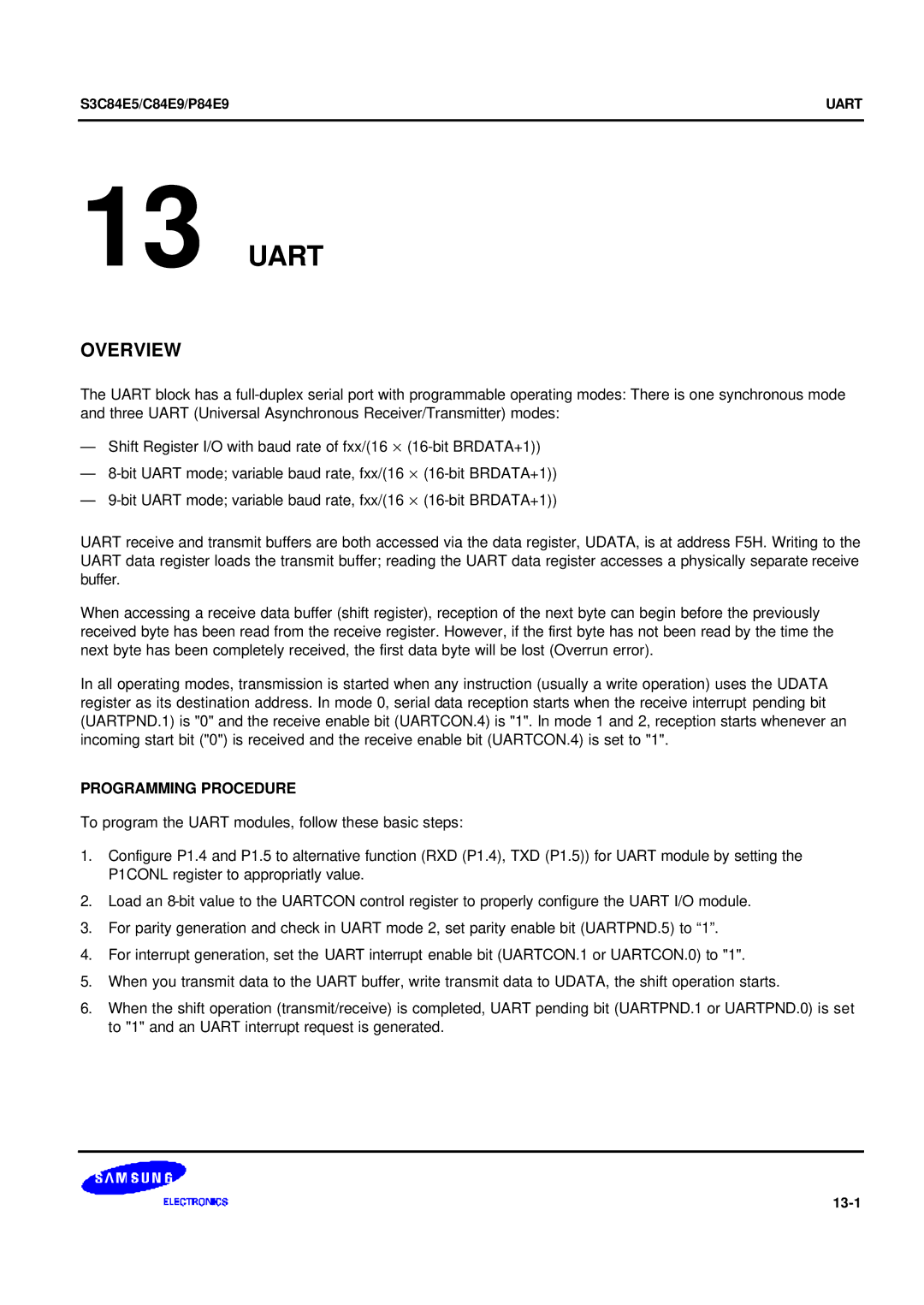 Samsung S3C84E5 user manual Uart, Programming Procedure, 13-1 