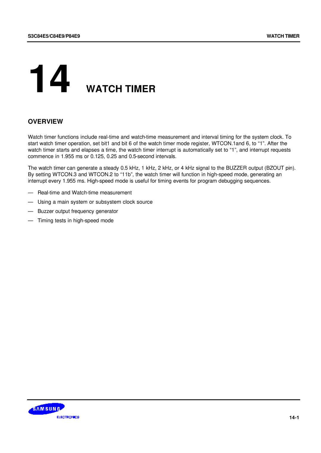 Samsung S3C84E5 user manual Watch Timer, 14-1 