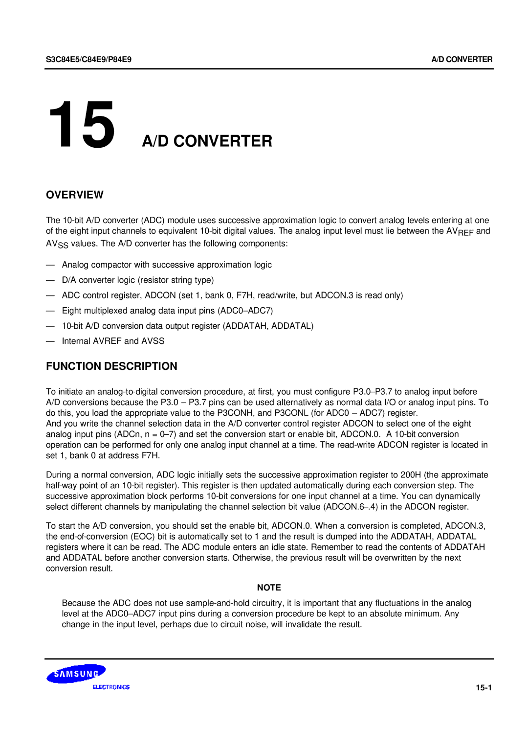 Samsung S3C84E5 user manual 15 A/D Converter, Function Description, 15-1 