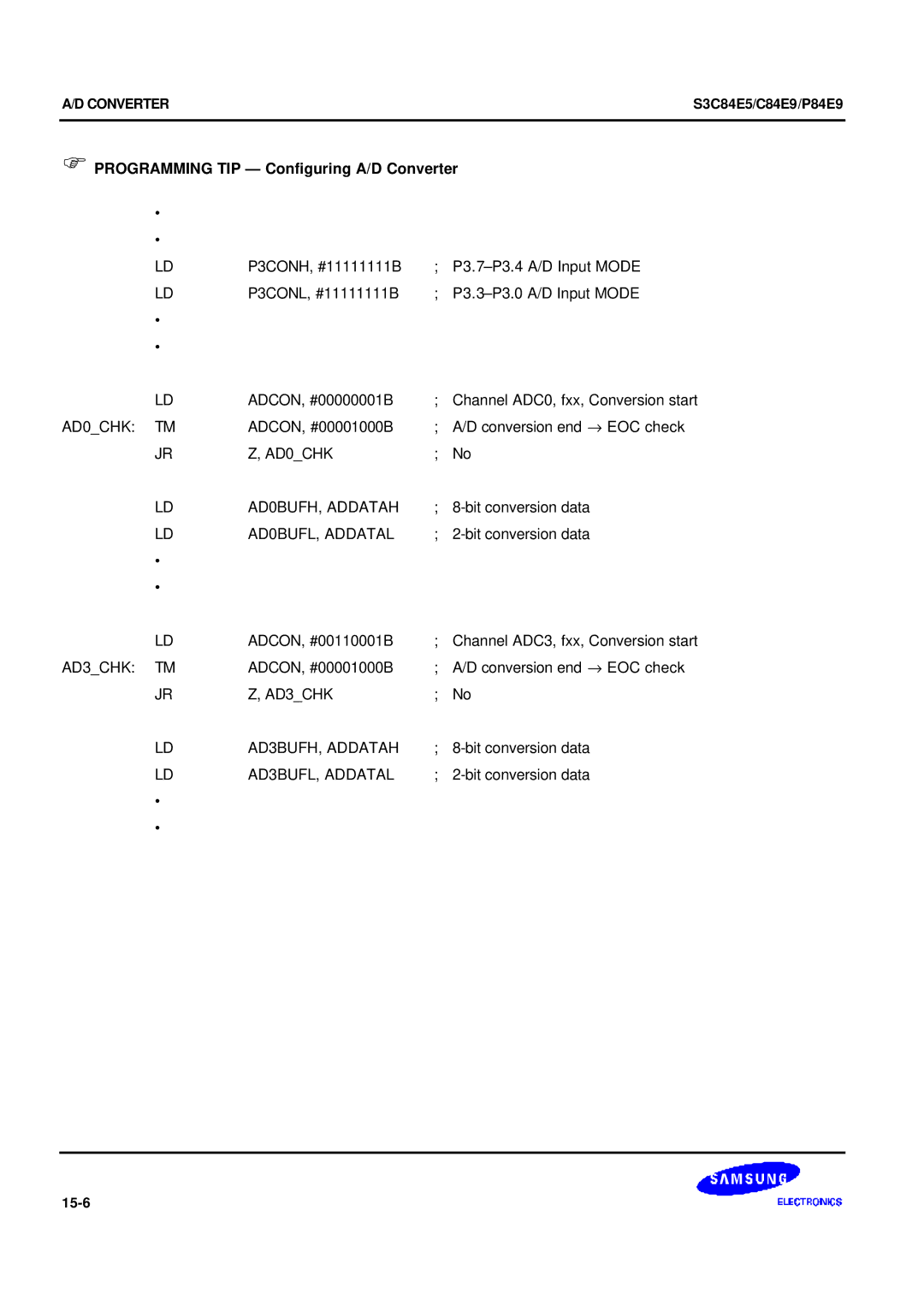 Samsung S3C84E5 user manual Programming TIP Configuring A/D Converter 