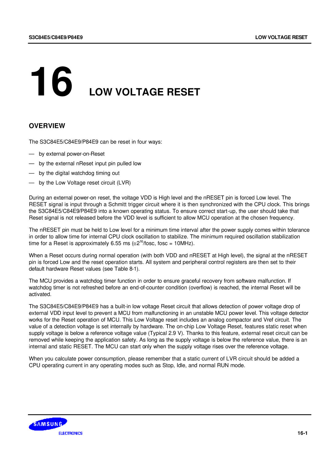 Samsung S3C84E5 user manual LOW Voltage Reset, 16-1 