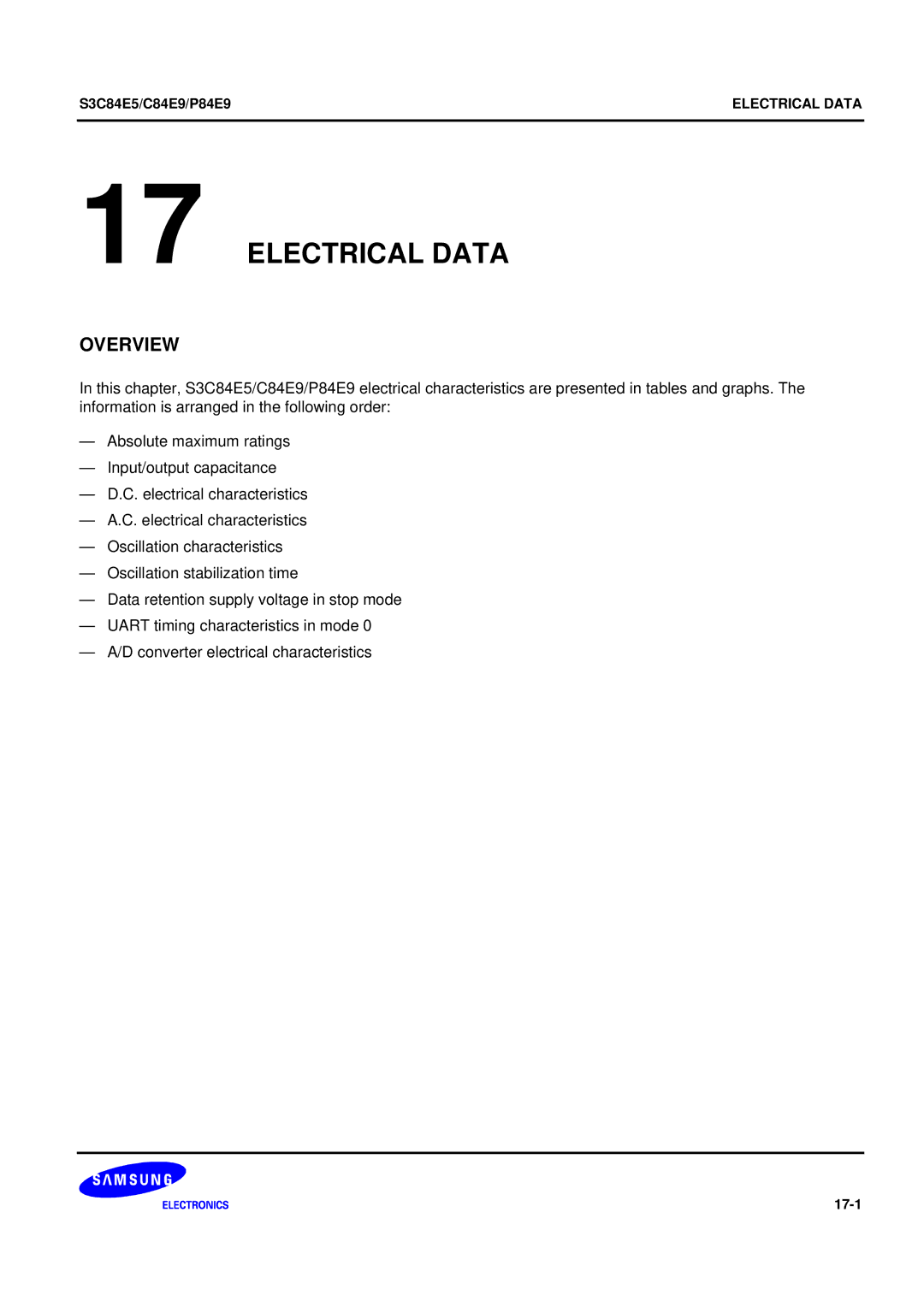 Samsung S3C84E5 user manual Electrical Data, 17-1 