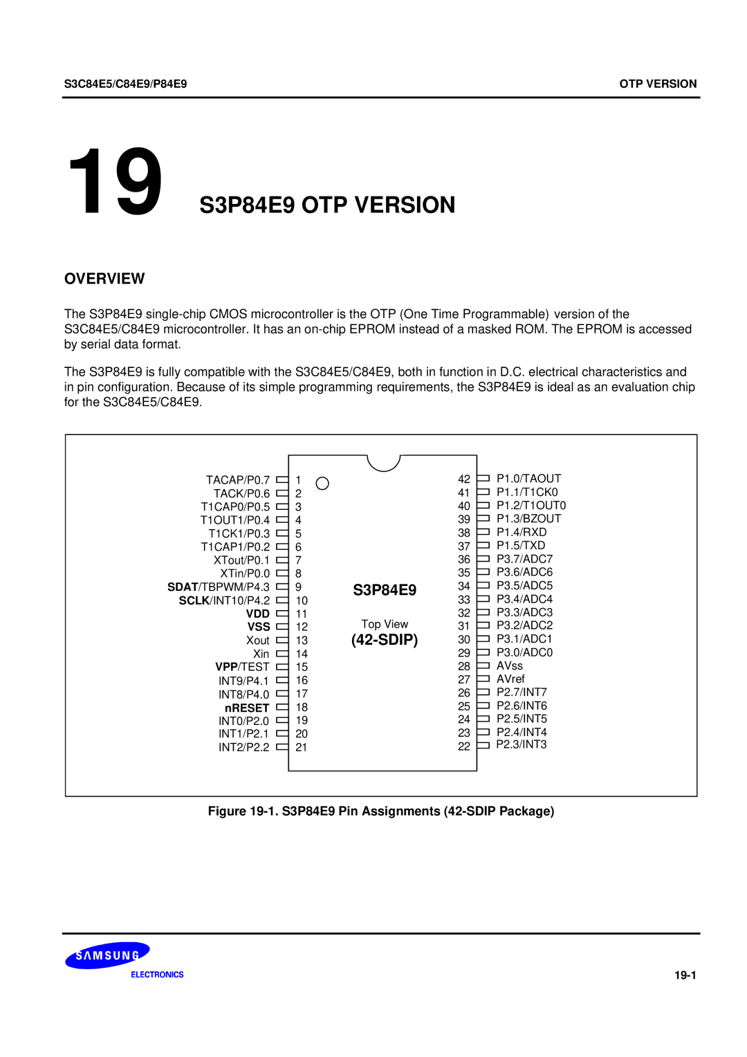 Samsung S3C84E5 user manual 19 S3P84E9 OTP Version, Sdip, 19-1 