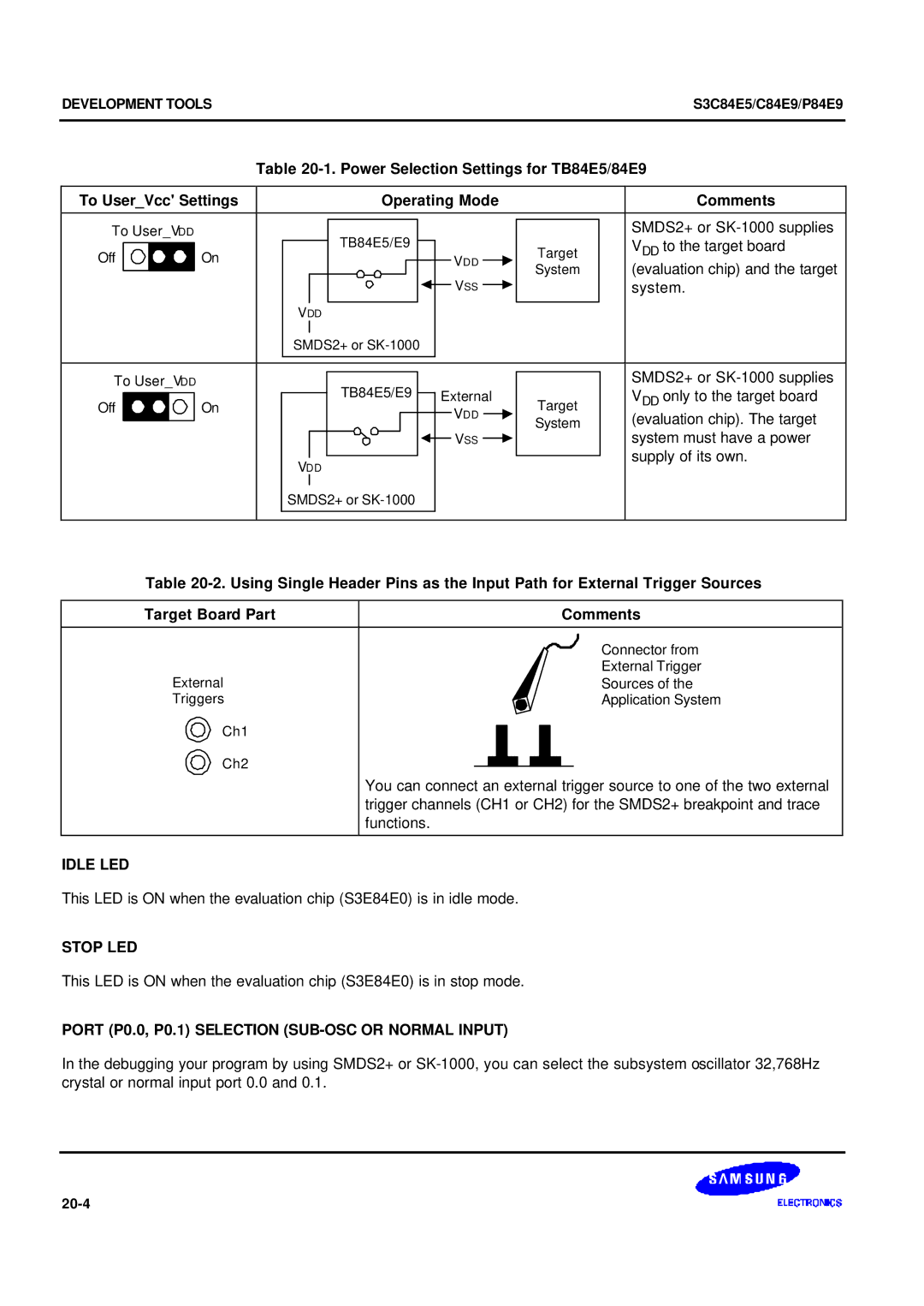 Samsung S3C84E5 Power Selection Settings for TB84E5/84E9, To UserVcc Settings Operating Mode Comments, Idle LED, Stop LED 