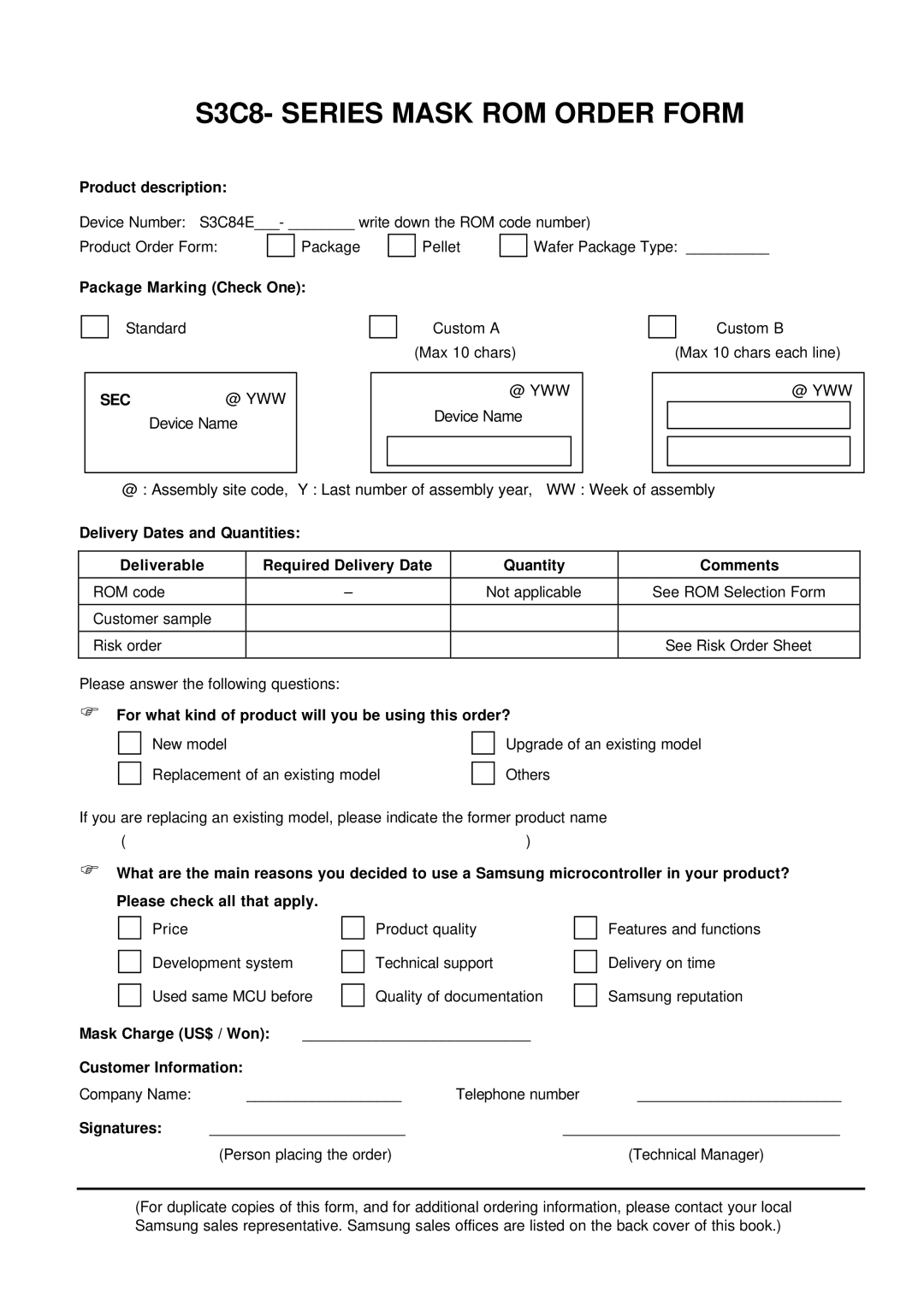 Samsung S3C84E5 user manual S3C8- Series Mask ROM Order Form, Sec 