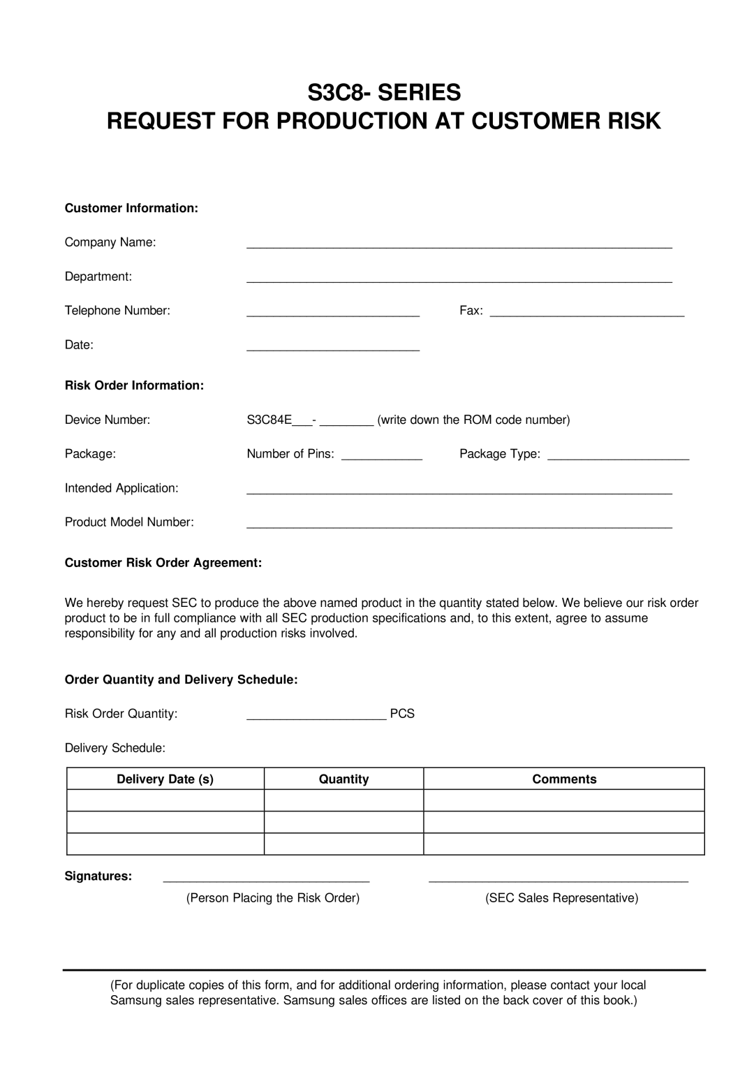 Samsung S3C84E5 user manual S3C8- Series Request for Production AT Customer Risk, Risk Order Information 