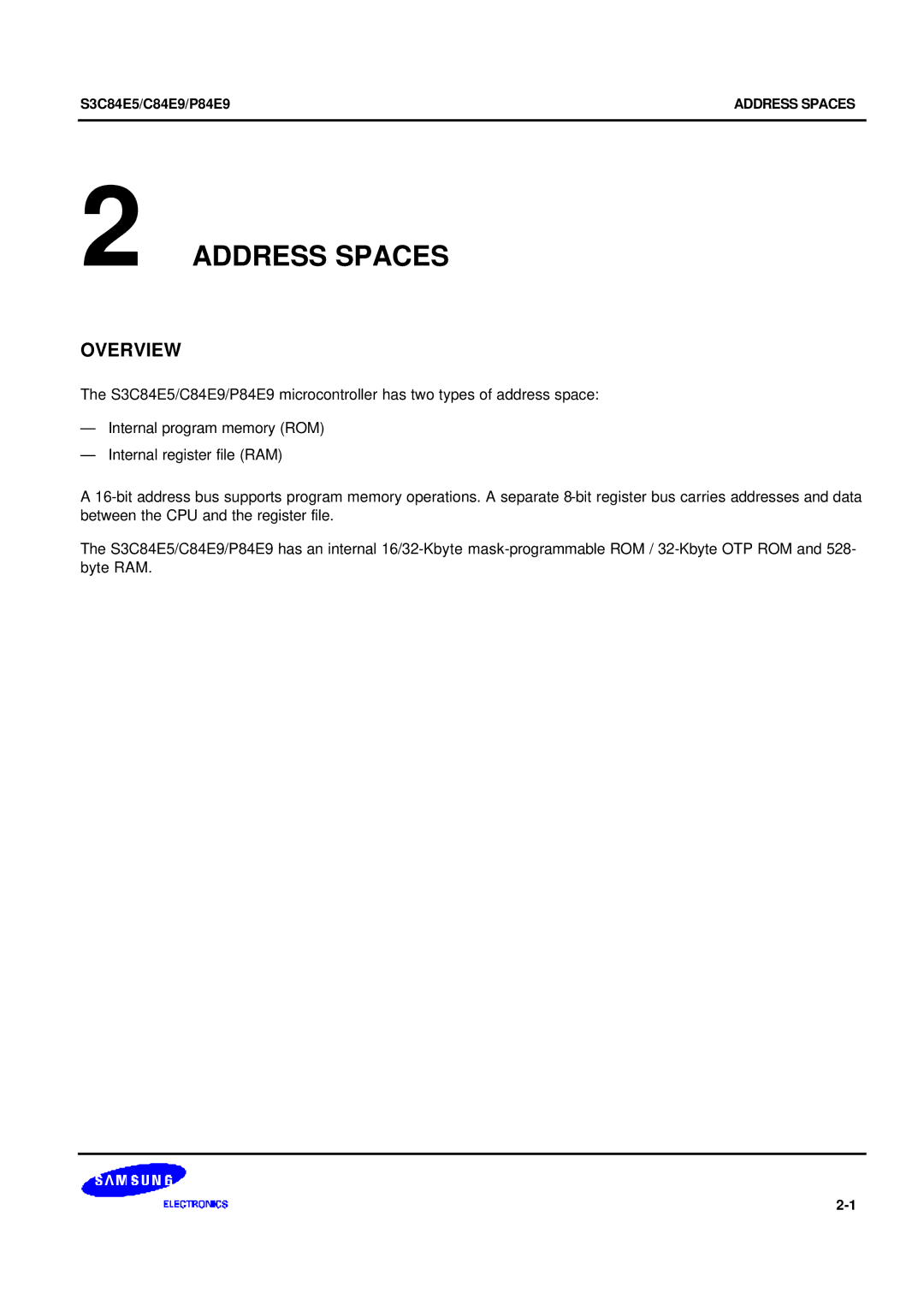 Samsung S3C84E5 user manual Address Spaces, Overview 