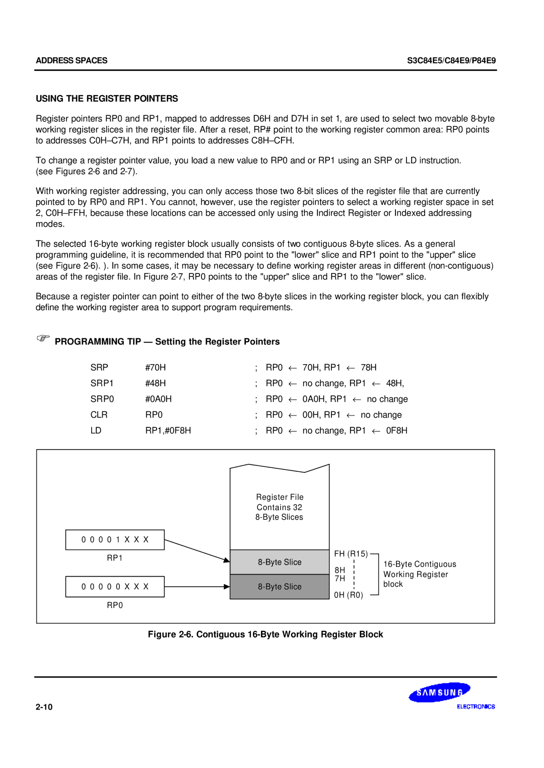 Samsung S3C84E5 user manual Using the Register Pointers, Programming TIP Setting the Register Pointers, SRP1, SRP0, CLR RP0 