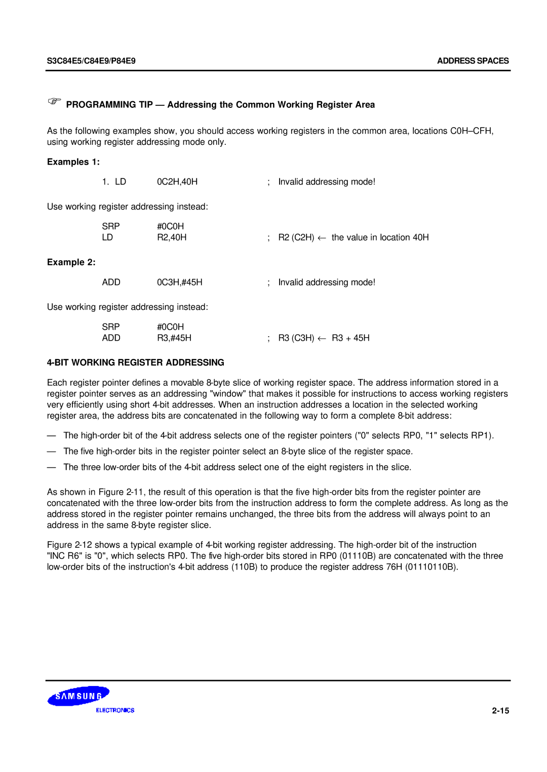 Samsung S3C84E5 Programming TIP Addressing the Common Working Register Area, Examples, BIT Working Register Addressing 