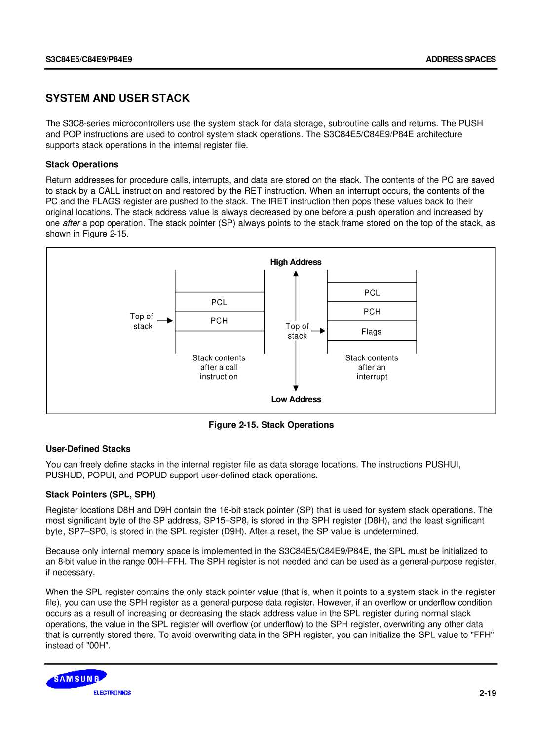 Samsung S3C84E5 user manual System and User Stack, Stack Operations, Stack Pointers SPL, SPH, High Address, Low Address 