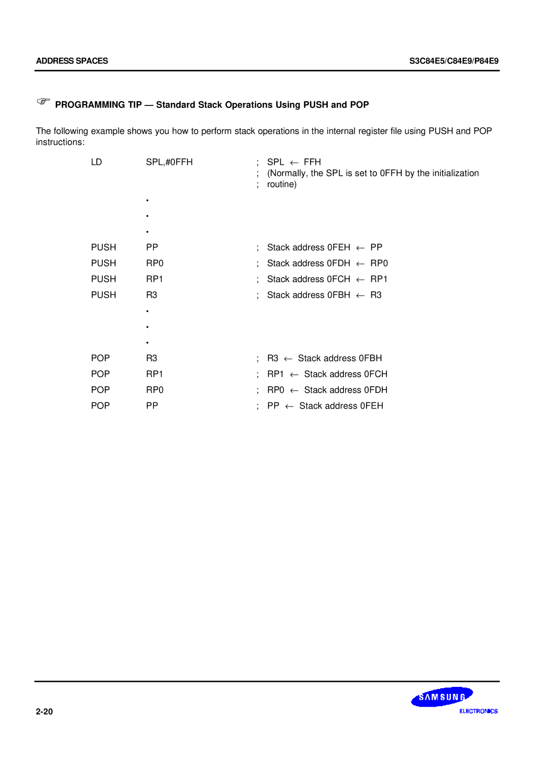 Samsung S3C84E5 user manual SPL,#0FFH SPL ← FFH, Push RP0, Push RP1, POP RP1, POP RP0 