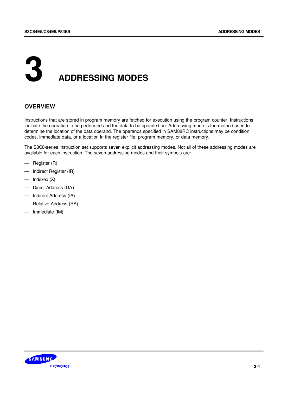 Samsung S3C84E5 user manual Addressing Modes, Overview 