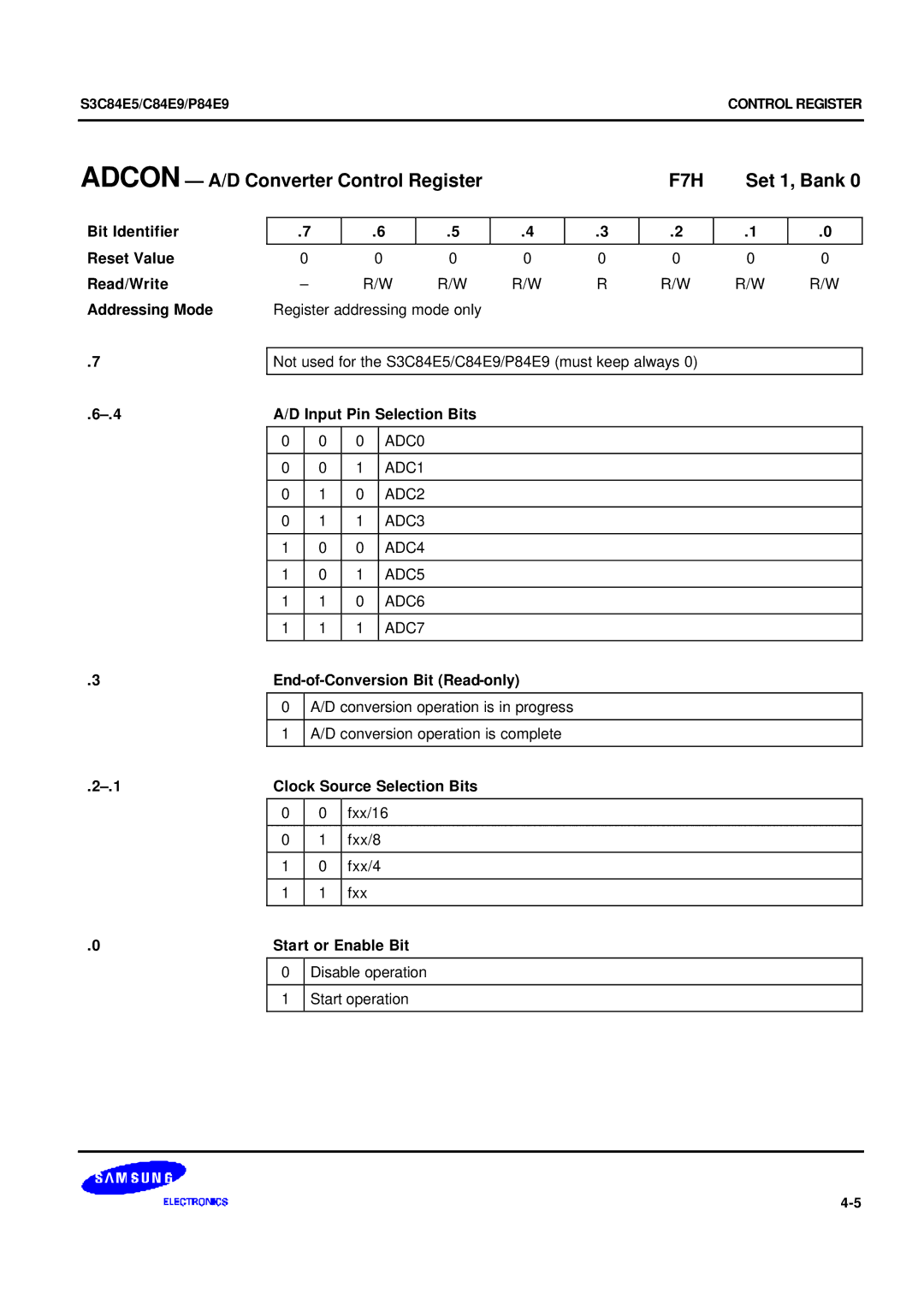 Samsung S3C84E5 user manual Adcon A/D Converter Control Register F7H Set 1, Bank 