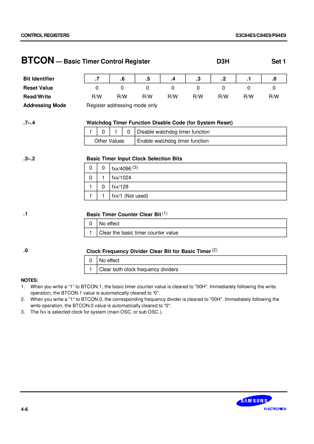 Samsung S3C84E5 user manual Btcon Basic Timer Control Register, D3H 