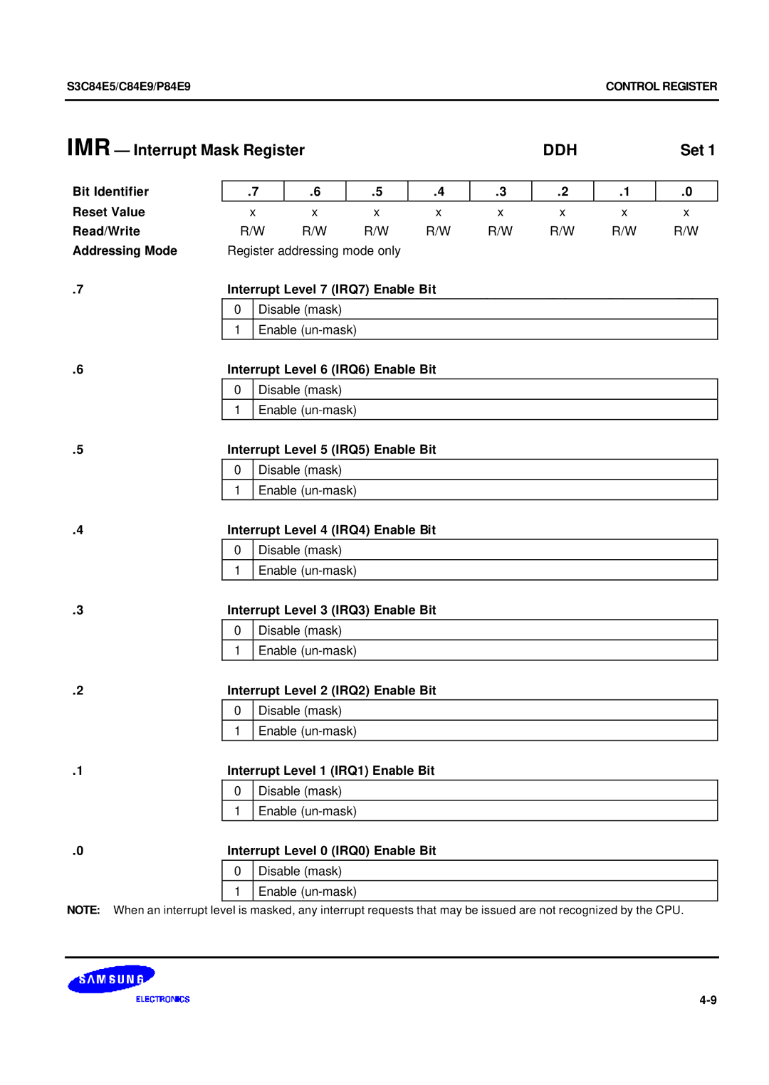 Samsung S3C84E5 user manual IMR Interrupt Mask Register, Ddh 