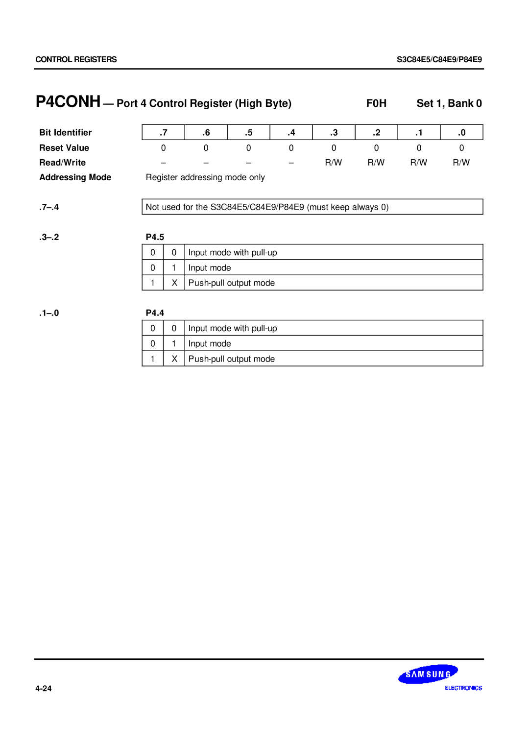 Samsung S3C84E5 P4CONH Port 4 Control Register High Byte F0H Set 1, Bank, P4.5, Input mode Push-pull output mode, P4.4 